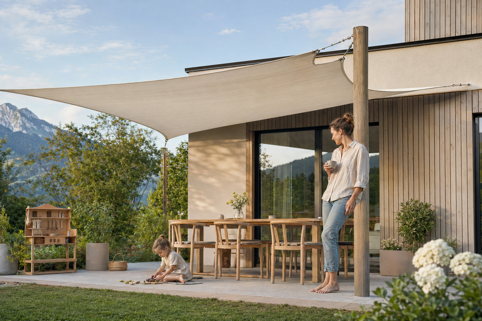 Entspannter Familienmoment im angenehmen Schatten eines Sonnensegels