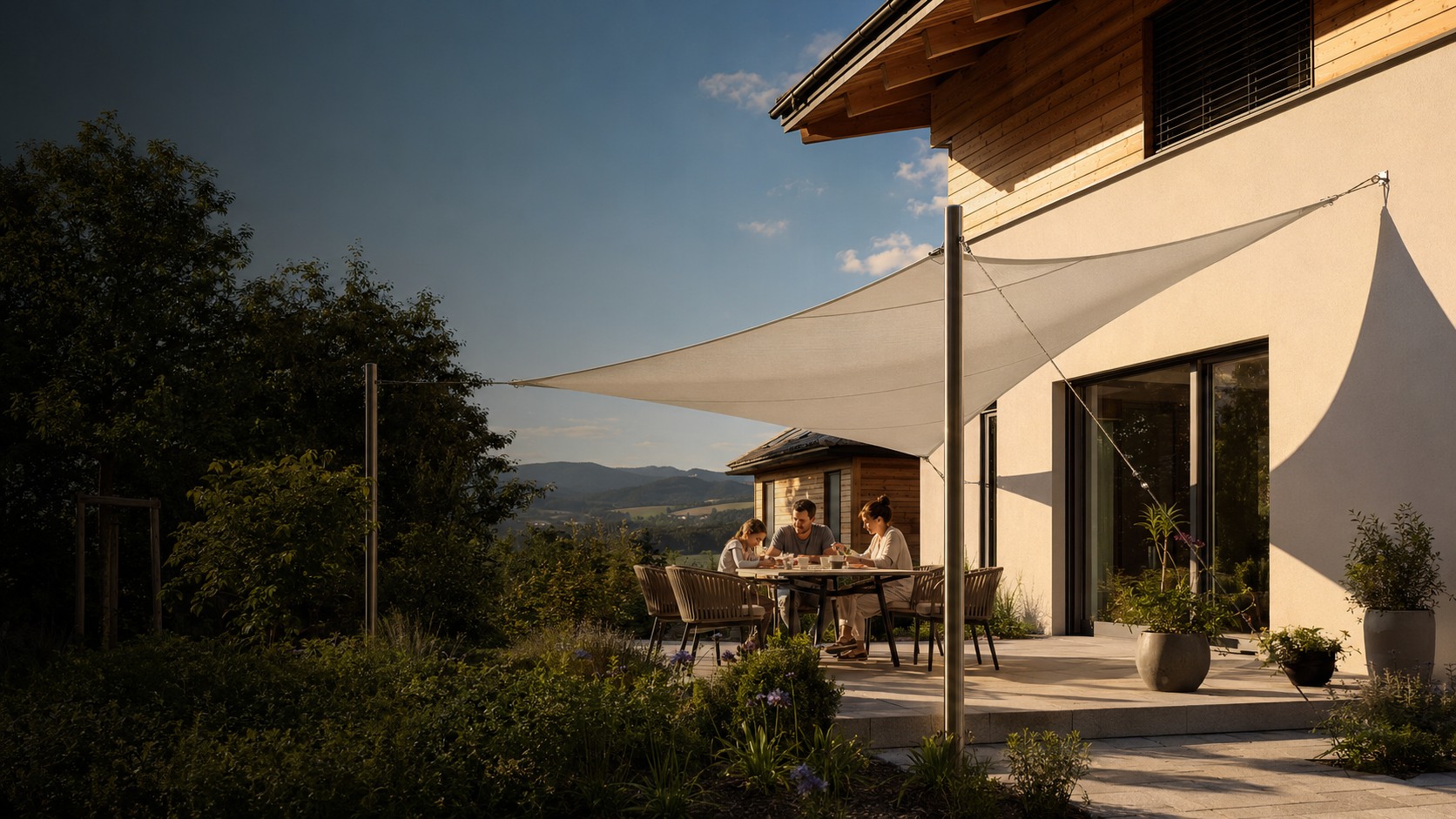Modernes Sonnensegel über einer Terrasse an einem österreichischen Zuhause